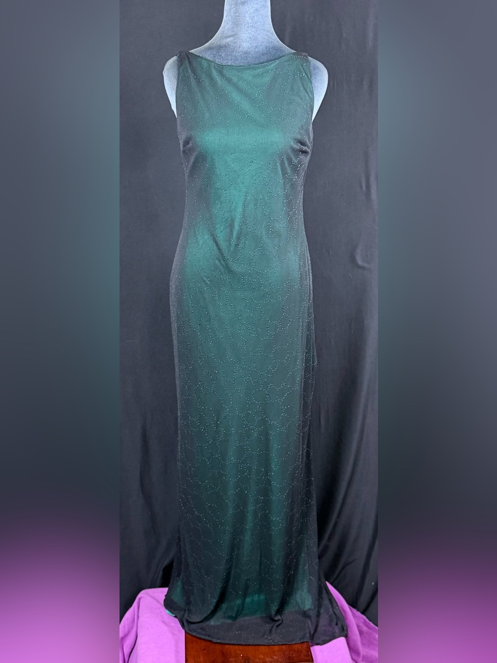 VTG Niki Livas Gown Emerald Green Black beaded mesh open back Union made draped
